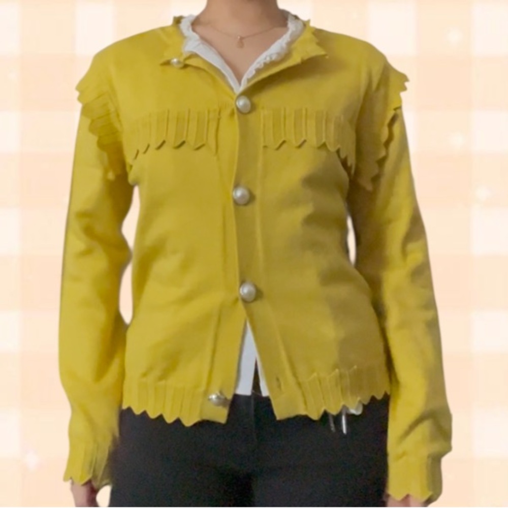 Yellow Ruffled Cardigan with Pearl Buttons